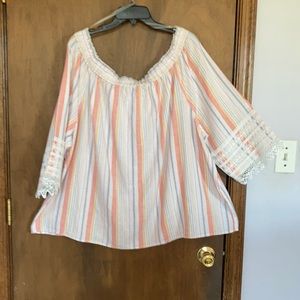 Ella top striped elastic neckline w crochet like detail boho linen blend top 3X